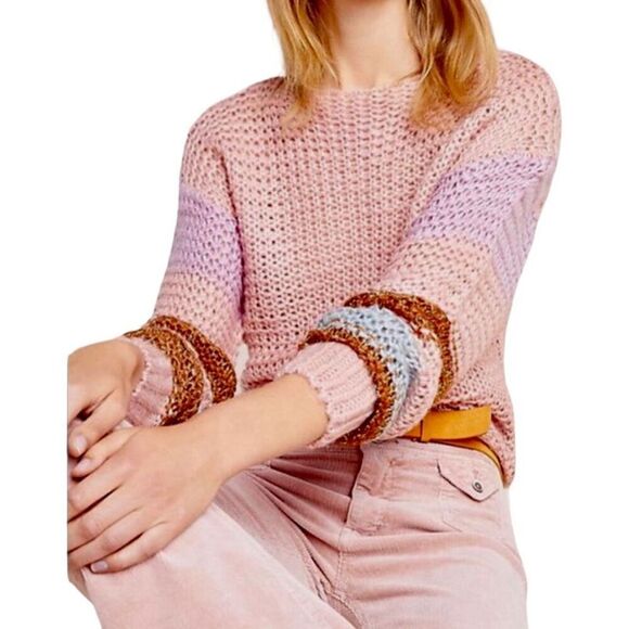 Anthropologie Heartloom Pink Multicolor Stripe Metallic Accent Sweater Sz Small - Picture 3 of 7